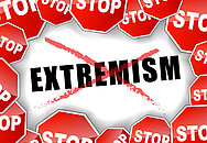 Grafik mit dem rot durchgestrichenem Wort Extremism und Stopp Tafeln rundherum.