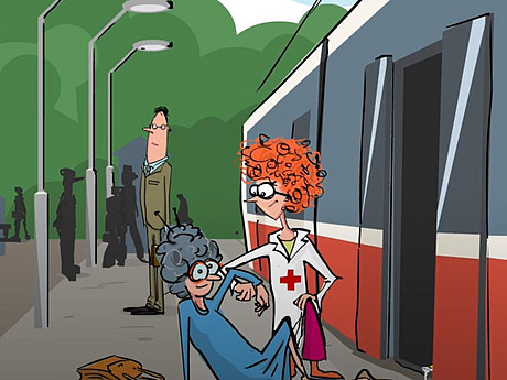 Eine Figur im Animationsvideo hilft einer älteren Frau, die hingefallen ist