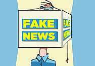Animationsfigur mit einem Bildschirm über dem Kopf,  Aufschrift "Fake News"