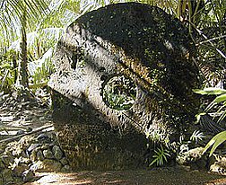 Yap Stone Money. Ein verwitterter, kreisrund behauener, etwa 1,5m großer Stein, der mitten im Urwald steht und als Zahlungsmittel verwendet wurde.
