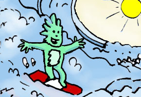 Illustration: Maskottchen Flitzi auf einem Surfbrett