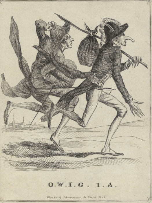Metternich und Sedlnitzky, mit einem Beutel über der Schulter und mit comichaft verzerrten Gesichtzügen und Gliedmaßen, laufen aus der Stadt.